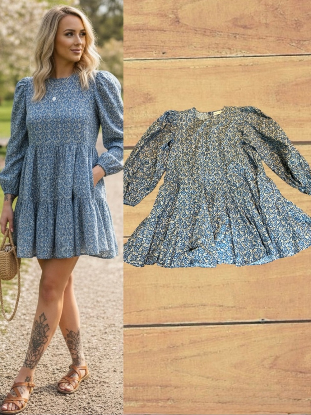 RHODE Jenny Blue Paisley Floral Mini Dress Long Sleeve Cottagecore Size Large
